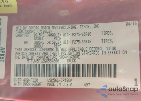 2016 Toyota Tundra Sr5 5.7L V8 z USA, uszkodzony, nr VIN 5TFUW5F12GX554560